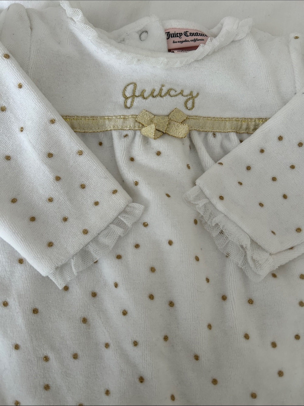Juicy Couture White Footed Polka Dot Baby One-Piece with Gold Accents